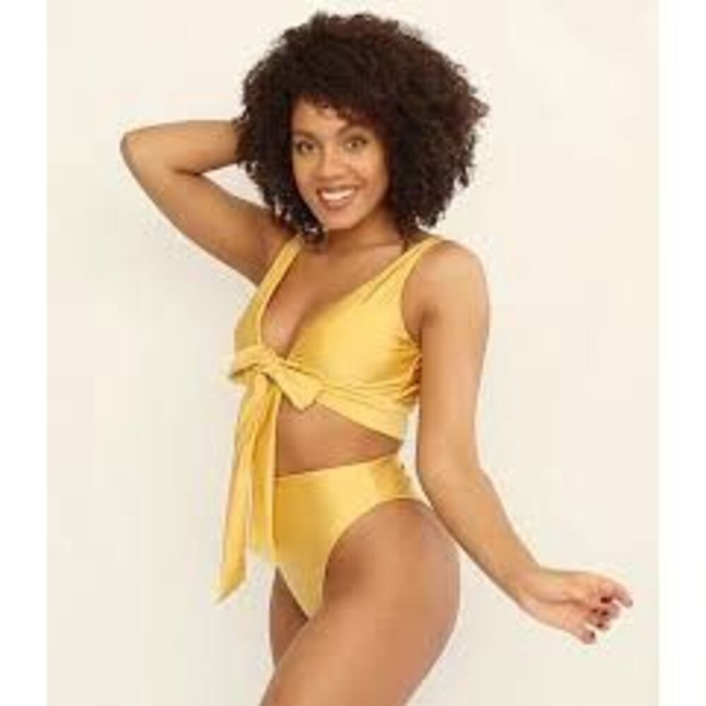 Mia Joy by Joyfolie High Waisted Bikini Swimsuit Cintron Yellow Shimmer Bow NWT